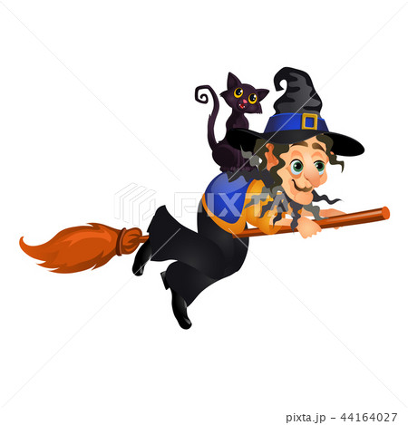 Old witch with hat flying on a broom with a black cat isolated on white background. Sketch for a 44164027