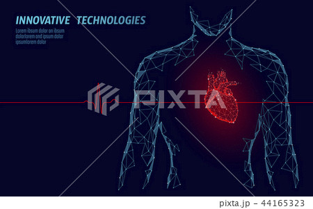 Man silhouette healthy heart beats 3d medicine model low poly. Triangle connected dots glow point Man silhouette healthy heart beats 3d medicine model low poly. Triangle connected dots glow point 44165323