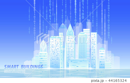 Smart city 3D light sunny morning cityscape. Intelligent building automation day blue sky futuristic Smart city 3D light sunny morning cityscape. Intelligent building automation day blue sky futuristic 44165324