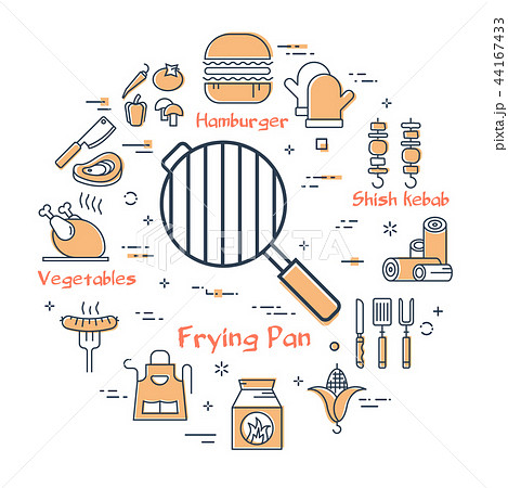 Vector linear round concept of GRILL. Frying pan Vector linear round concept of GRILL. Frying pan 44167433