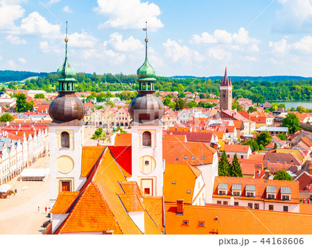 Aerial view of Telc with main square and towers of church of the Holy Name of Jesus, Czech Republic 44168606