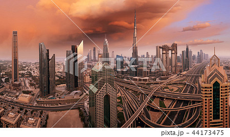 Dubai skyline during sunrise, United Arab Emirates. 44173475