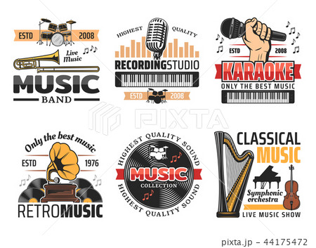 Music record studio and orchestra band retro icons Music record studio and orchestra band retro icons 44175472