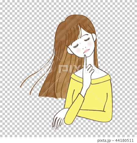 Woman posing with index finger pointing at neck 44180511