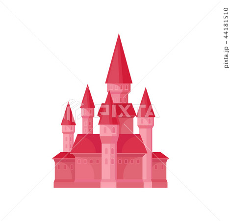 Bright pink princess castle. Fairy tale building with high towers and conical roofs. Flat vector for 44181510
