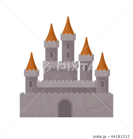 Medieval fantasy castle. Great royal fortress with high towers and red conical roofs. Flat vector 44181512