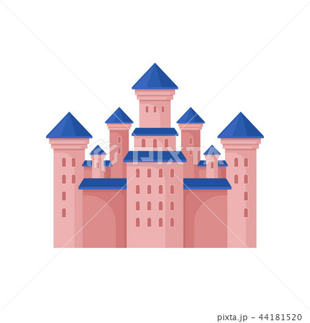 Pink royal castle with high towers and blue roof. Large fairy tale building. Flat vector element for 44181520