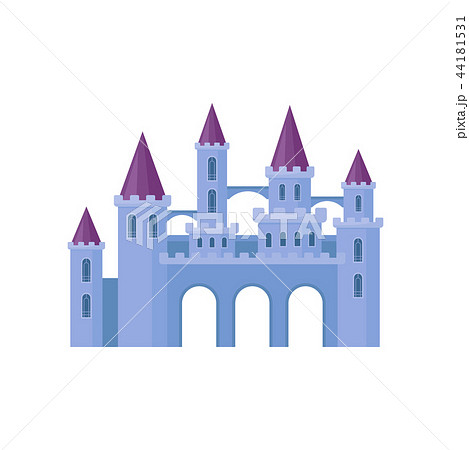 Beautiful purple castle with towers and conical roofs. Medieval fortress. Flat vector element for 44181531
