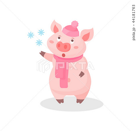 Funny pig wearing knitted hat and scarf, cute little piglet cartoon character catching snowflakes 44181763