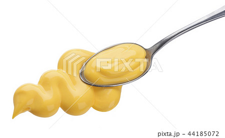 Cheese sauce with spoon isolated on white background. Top view 44185072