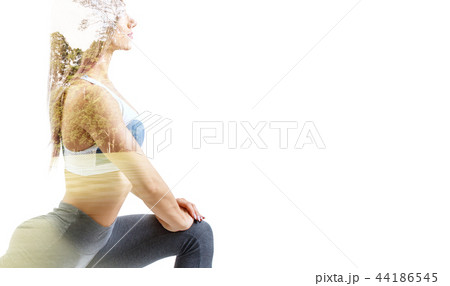 Double exposure of young sporty woman and nature. Double exposure of young sporty woman and nature. 44186545