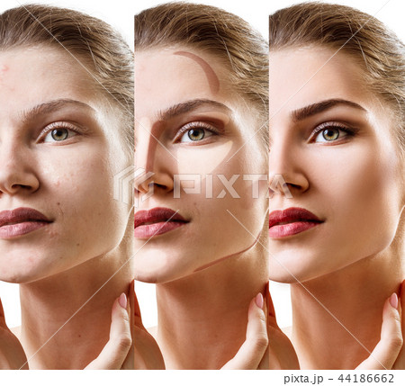 Collage of woman applying makeup step by step. 44186662