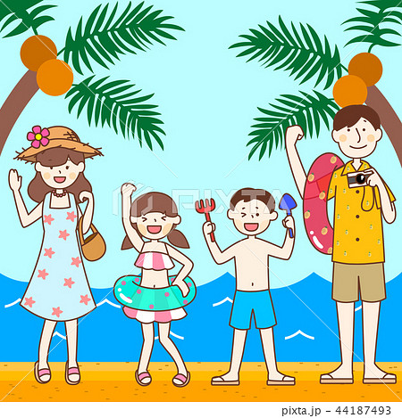 家族で祝日夏休みビーチリゾート旅行のイラスト素材