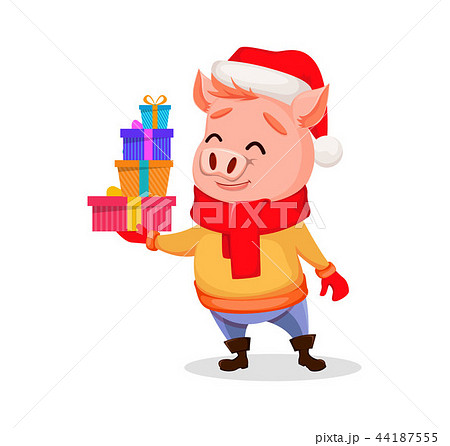 Merry Christmas. Cute pig wearing Santa Claus hat 44187555