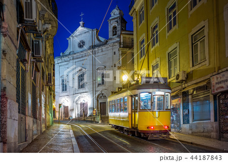 tram on line 28 in lisbon, portugal at night 44187843