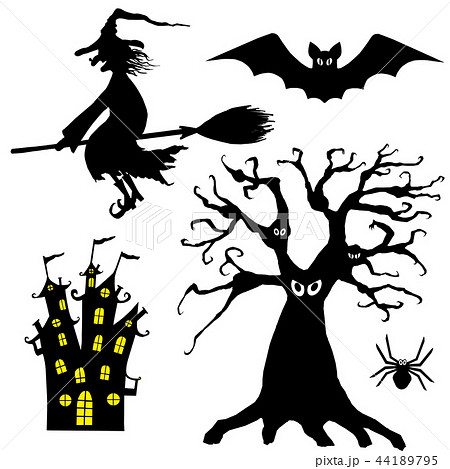 Halloween Silhouettes Witch Bat Tree Castleのイラスト素材