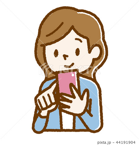 スマホを見る若い女性 手描き風のイラスト素材 スマホを見る若い女性 手描き風のイラスト素材