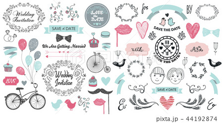 Vector hand drawn vintage wedding set. Decorative design elements ribbons, swirls, romantic Vector hand drawn vintage wedding set. Decorative design elements ribbons, swirls, romantic 44192874