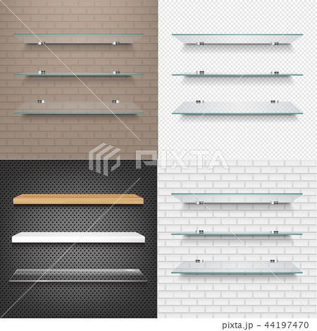 Glasses Shelves On Light Brick Background Set Glasses Shelves On Light Brick Background Set 44197470