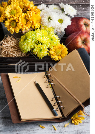 Empty notebook with lit lights and chrysanthemum Empty notebook with lit lights and chrysanthemum 44199904