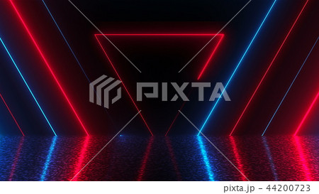 Abstract triangles neon tunnel with reflection, computer generated background, 3D render 44200723