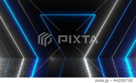 Abstract triangles neon tunnel with reflection, computer generated background, 3D render 44200730