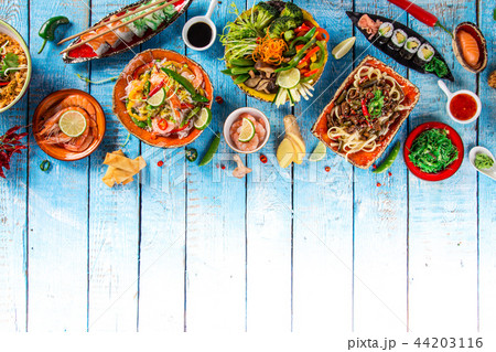 Various of asian meals on rustic background , top view , place for text. 44203116