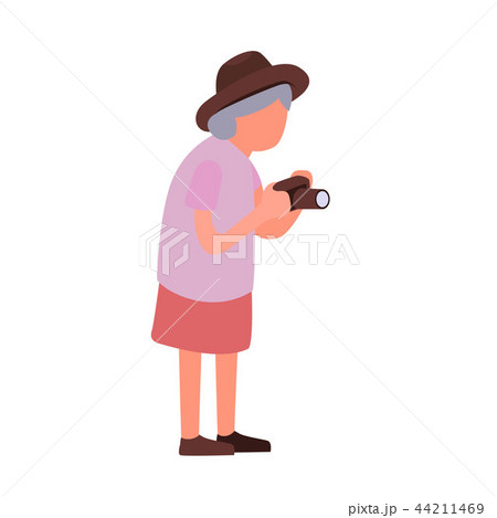 Elderly woman taking pictures of sights. Cartoon female senior character with a camera. Senior 44211469