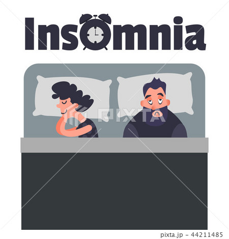 Sleepless Insomnia concept art. Tired man on the bed can not sleep. Stress male character Sleepless Insomnia concept art. Tired man on the bed can not sleep. Stress male character 44211485