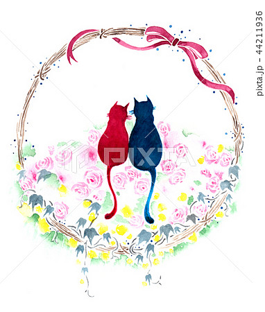 猫のカップルとお花のリース 水彩イラストのイラスト素材