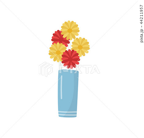 Flat vector icon of blue vase with bright yellow and red flowers. Beautiful gift bouquet. Natural 44211957