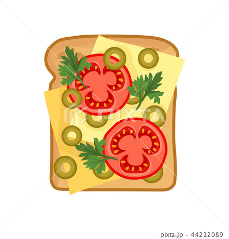 Flat vector icon of appetizing sandwich with slices of cheese, fresh tomato, green olives and Flat vector icon of appetizing sandwich with slices of cheese, fresh tomato, green olives and 44212089