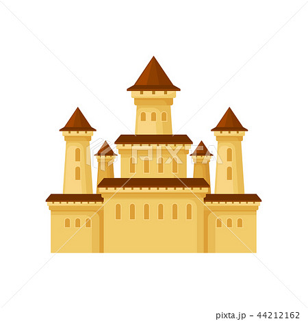 Flat vector icon of medieval palace. Yellow castle with conical roofs. Element for poster of 44212162