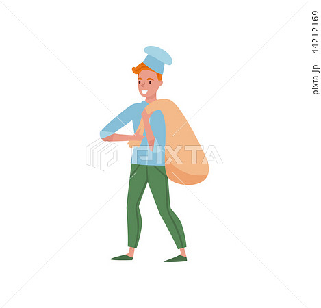 Baker holding big bag of flour. Cartoon man character in chef uniform with hat. Worker of bakershop 44212169