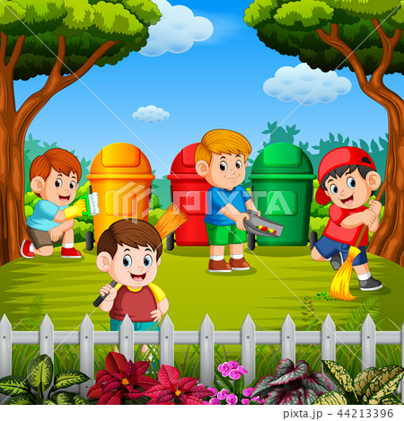 the children clean the garden and throw the trash the children clean the garden and throw the trash 44213396