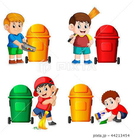 the collection of the boy with the trash bin  44213454