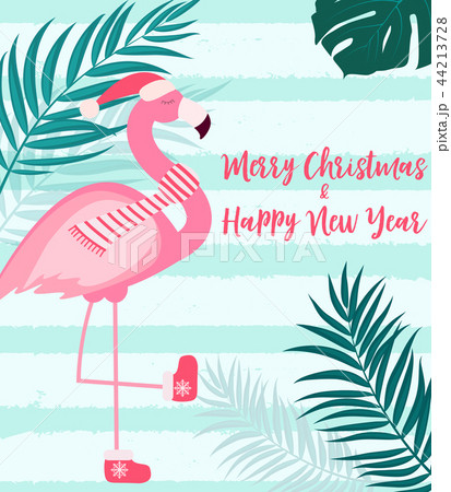 Cute Pink Flamingo New Year and Christmas Background Vector Illustration Cute Pink Flamingo New Year and Christmas Background Vector Illustration 44213728