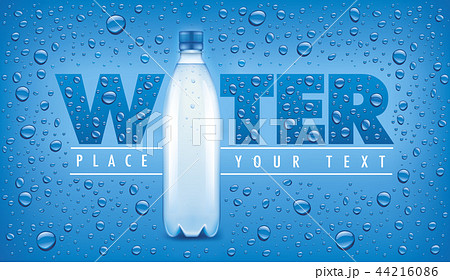 Blue background with many water drops and botlle 44216086