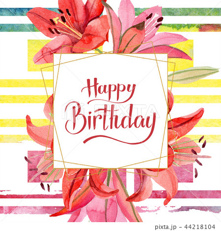 Watercolor red lily flower. Floral botanical flower. Frame border ornament square. 44218104