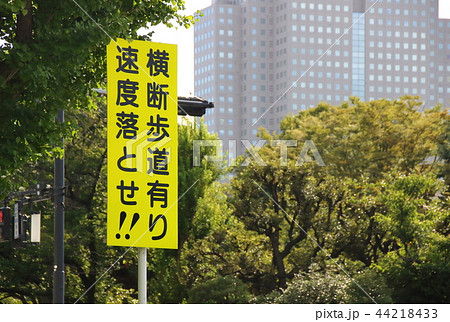 「横断歩道有り 速度落とせ！！」と書かれた標識(いわゆる法定外標識)。東京都千代田区内。 44218433