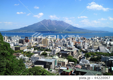 噴火も無く穏やかな桜島と鹿児島市の街並み 44220067