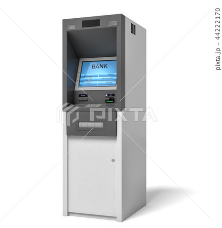 3d rendering of an isolated bank ATM machine with a lit blue screen on white background. 44222170