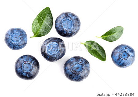 fresh ripe blueberry with leaf isolated on white background. Top view. Flat lay pattern fresh ripe blueberry with leaf isolated on white background. Top view. Flat lay pattern 44223884