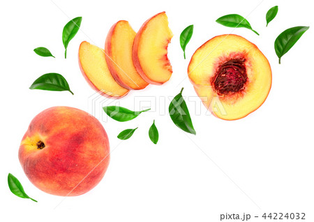 ripe peaches with leaves isolated on white background with copy space for your text. Top view. Flat 44224032