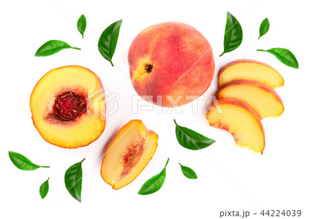 ripe peaches with leaves isolated on white background. Top view. Flat lay pattern 44224039