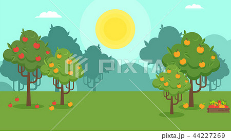 Natural Autumn Landscape With An Apple Orchardのイラスト素材