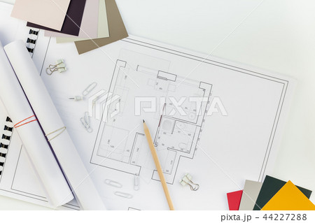 Interior designer table workplace with house plan 44227288