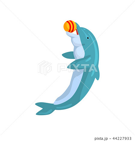 Dolphin, playing with ball, sea animal performing in public in dolphinarium vector Illustration on a 44227933