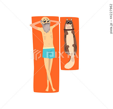 Grandpa sunbathing on the beach with his dog, lonely senior man and his animal pet on vacation 44227962