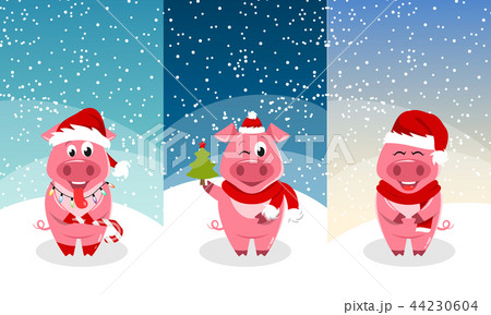 New Year Templates for Cards, Invitation with Funny Pigs Wearing Santa Hats 44230604